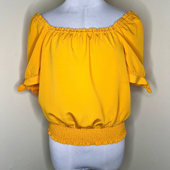 NWT MICHAEL Michael Kors Off The Shoulder Top MEDIUM Yellow Smocked Ruffle Chic - Picture 1 of 9